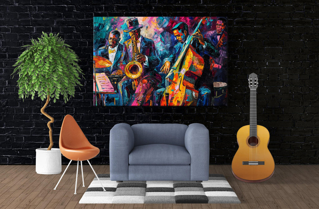 Jazz Canvas Print – Vibrant New Orleans Jazz Band Painting on Gallery Wrapped Canvas