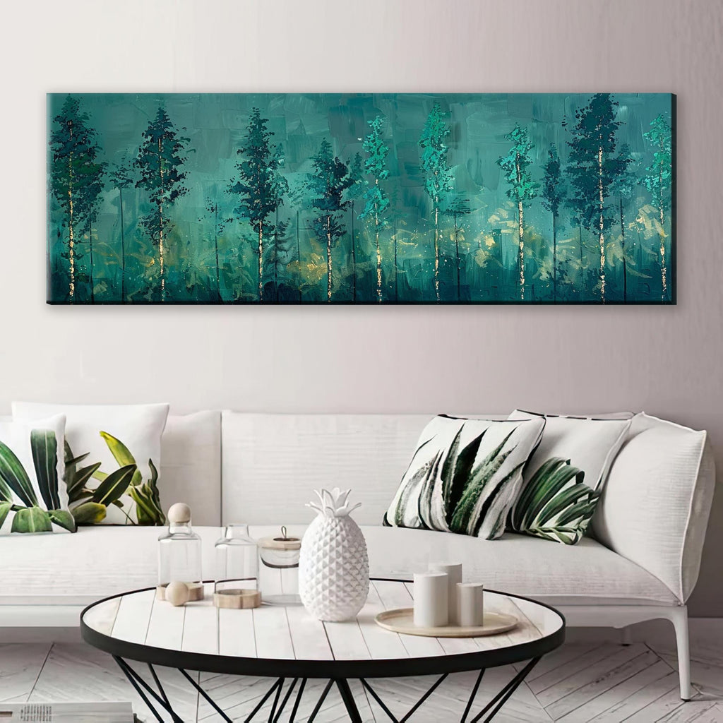 a living room with a white couch and a painting on the wall
