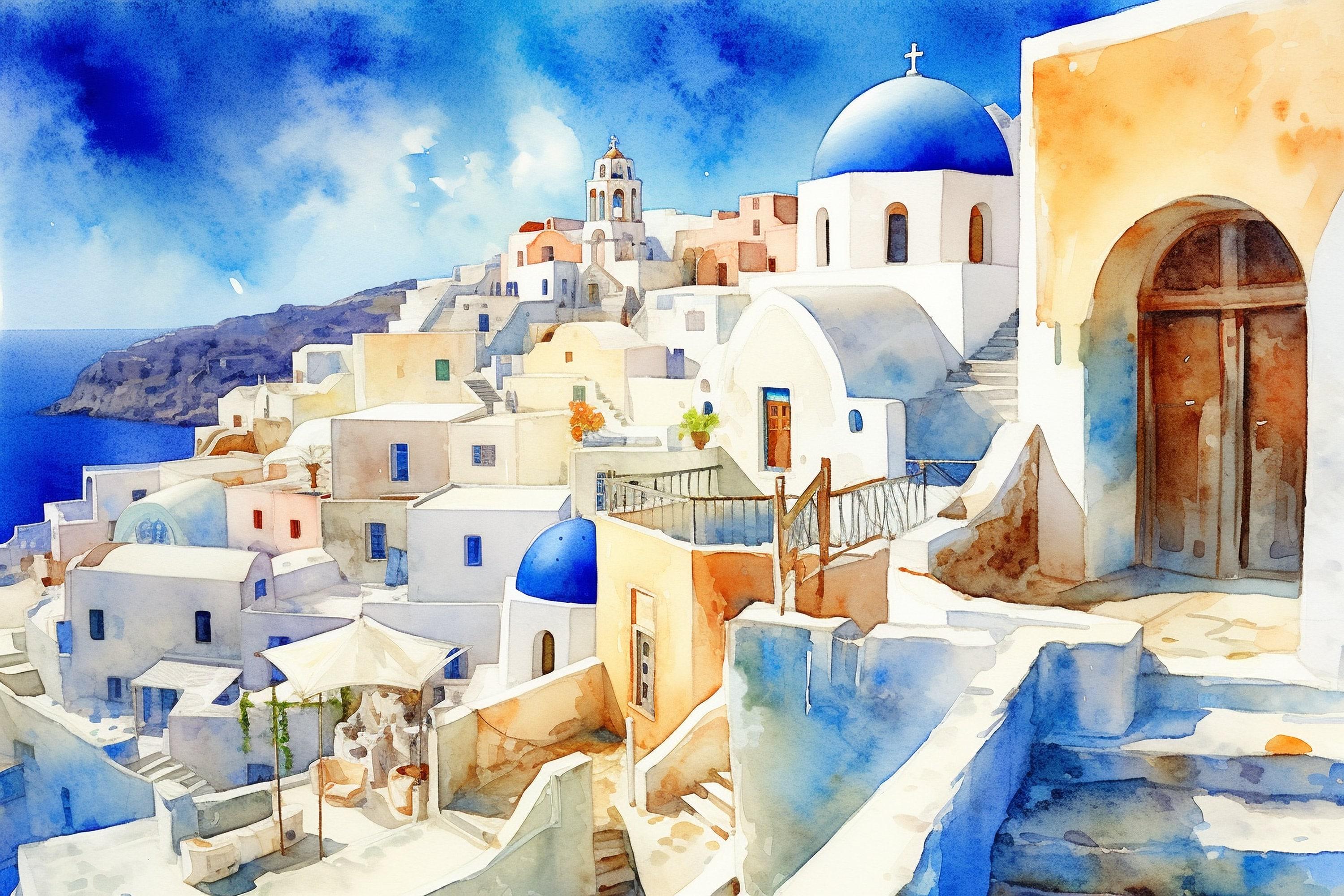 Aegean Serenity in Santorini: Watercolor Painting Print, Print on Canvas, Artist Paper, Watercolor Paper, Available in Extra Large Sizes