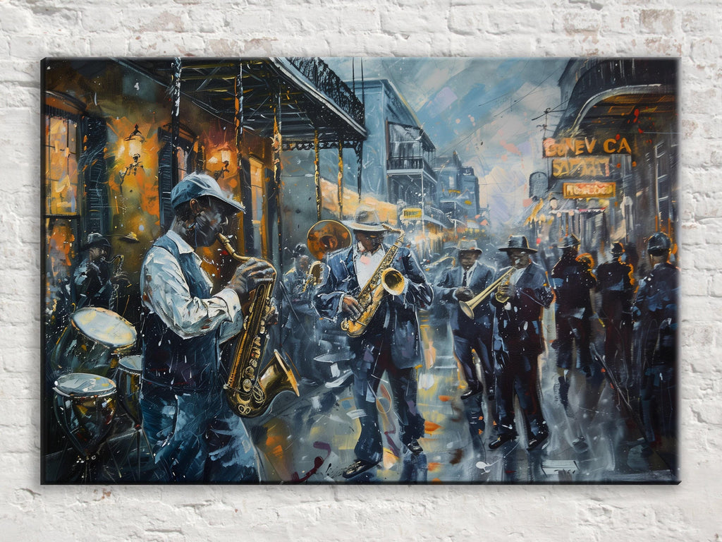 The image is a painting depicting a lively street scene with a group of musicians playing various instruments, including saxophones, in a crowded urban setting.