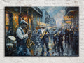 The image is a painting depicting a lively street scene with a group of musicians playing various instruments, including saxophones, in a crowded urban setting.