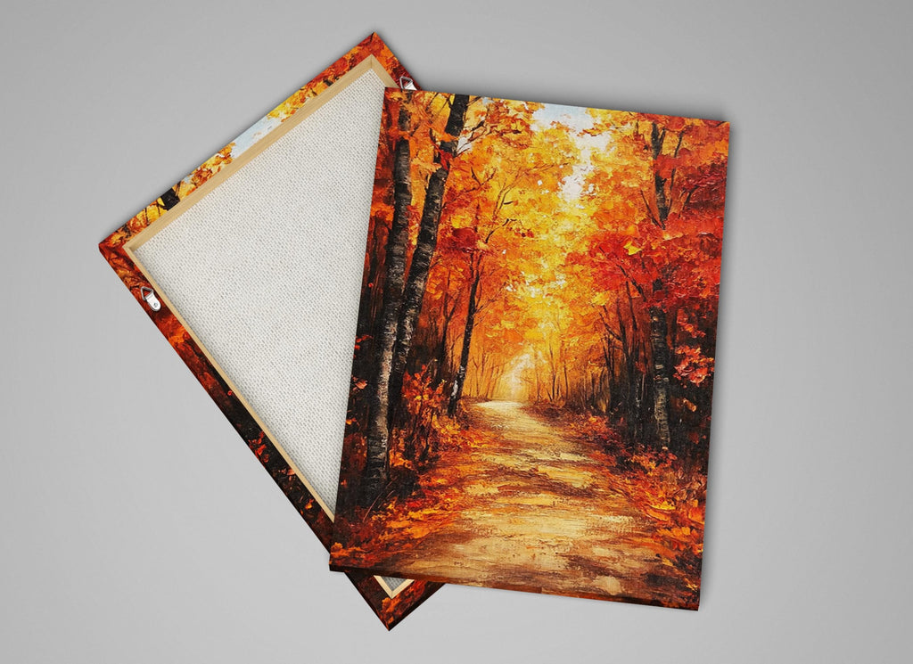 a scenic autumn landscape with a winding path leading through a forest of trees displaying vibrant orange and yellow foliage.