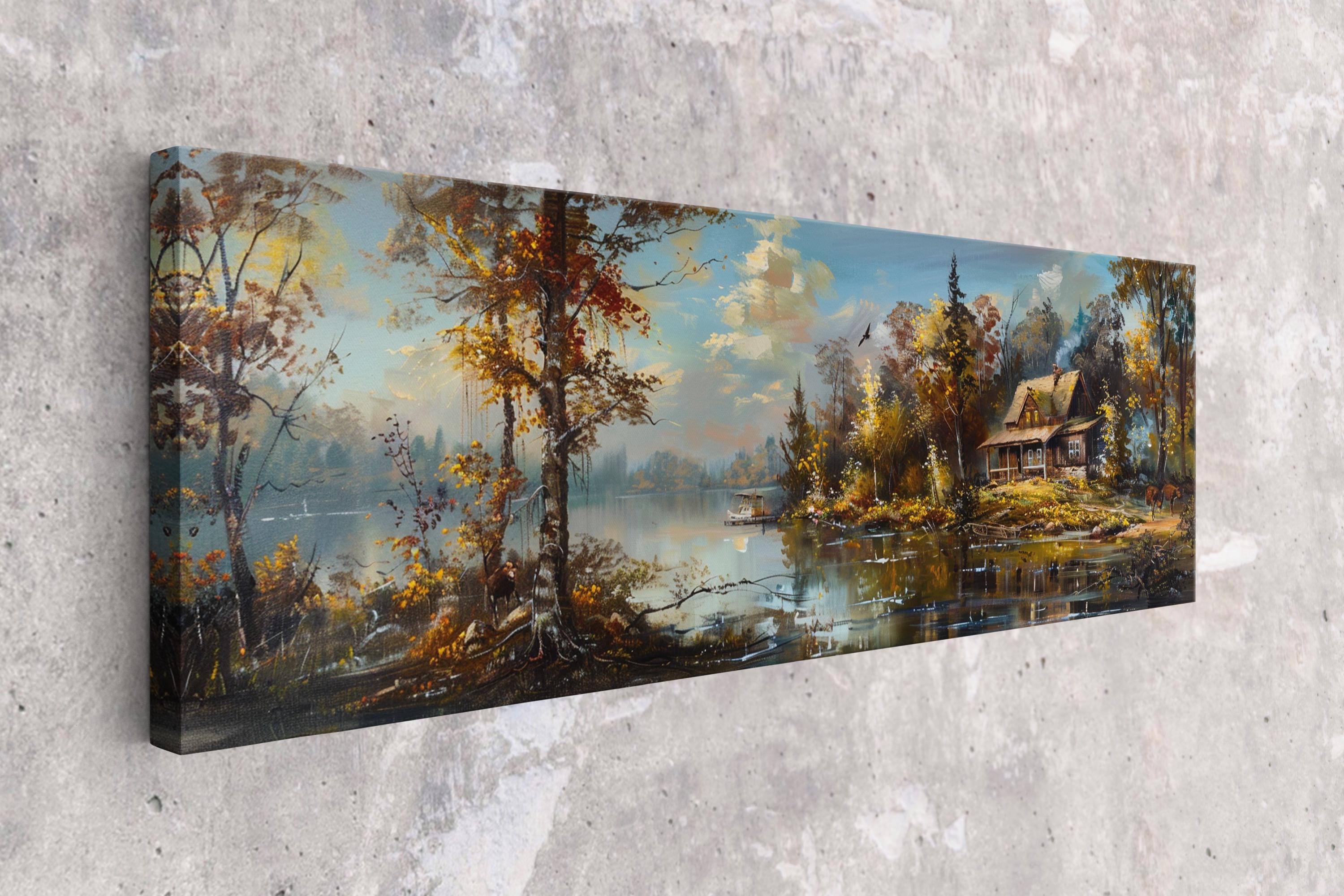 a painting of a lake with a house on it
