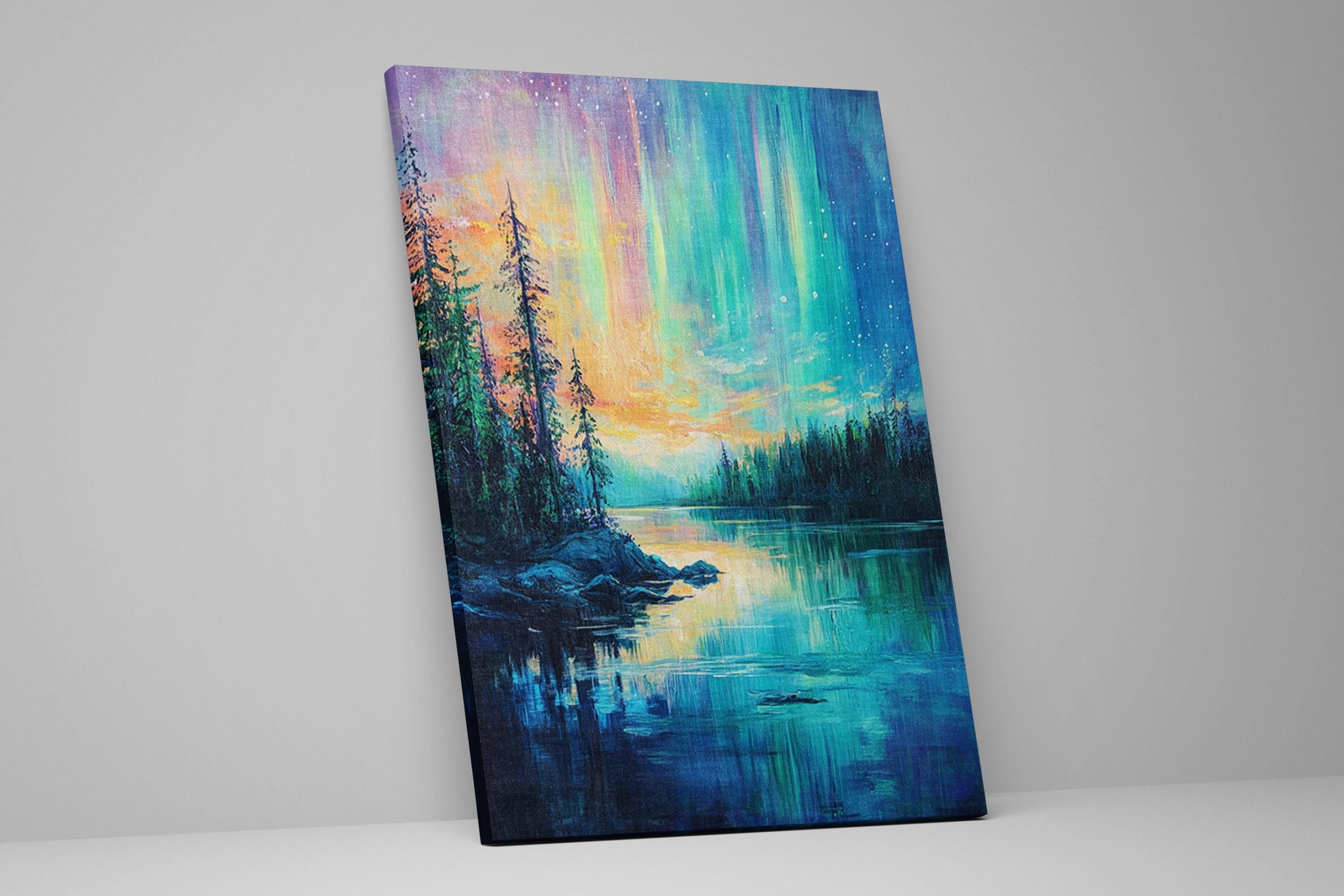 a painting of a lake with trees in the background