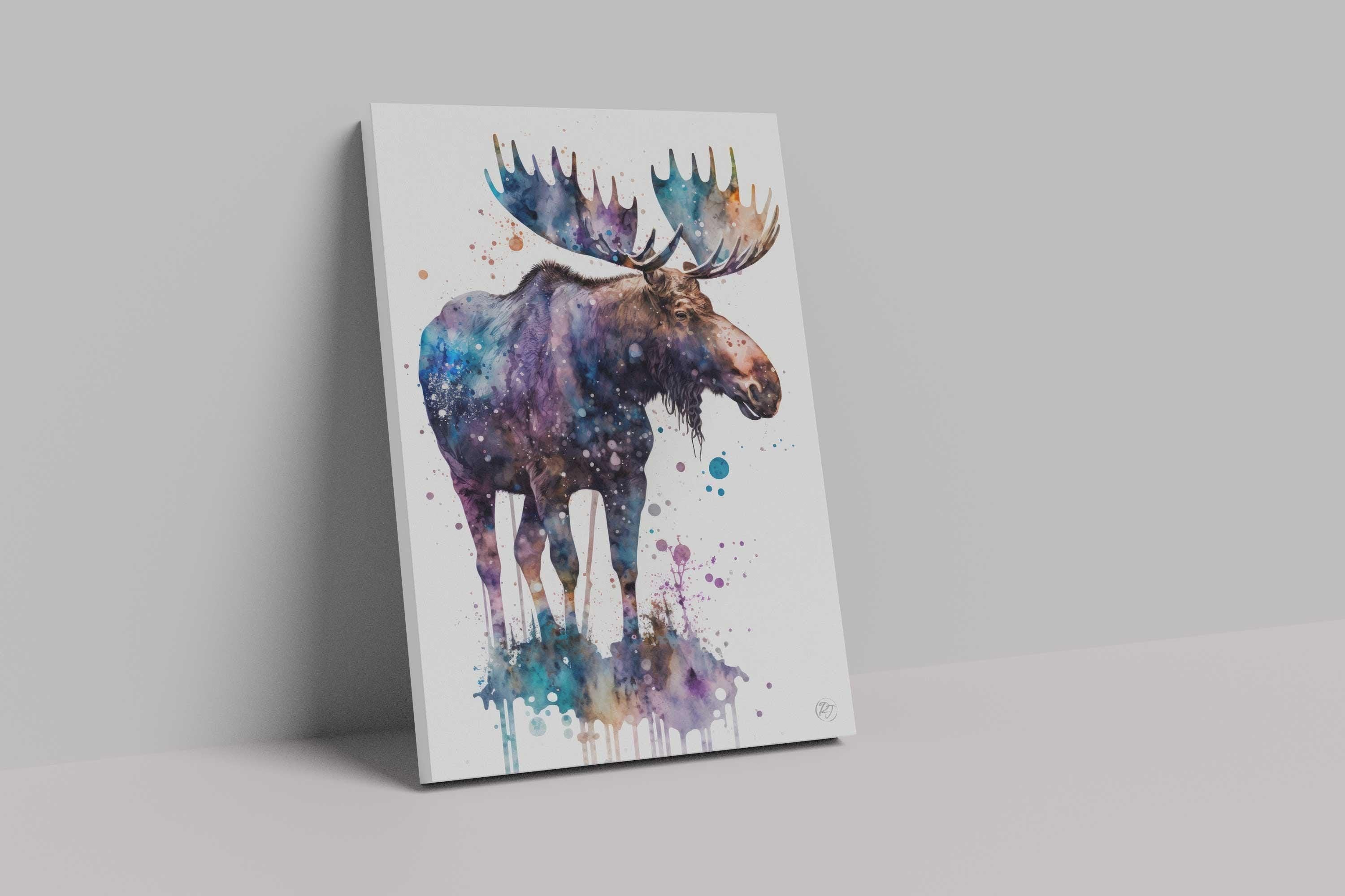Moose Watercolor Art Print, Nursery Animal Canvas Print, Cute Decor, Framed Kids Wall Art