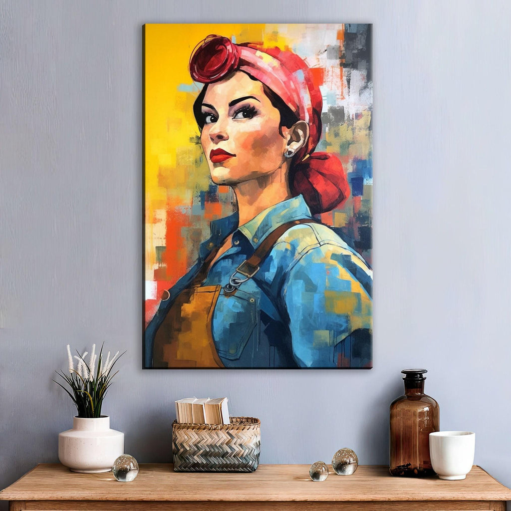 a vibrant painting of a woman with a red headband, set against a colorful background. The painting is hung on a wall above a wooden table, which has various decorative items such as a vase, a bottle, and a basket.