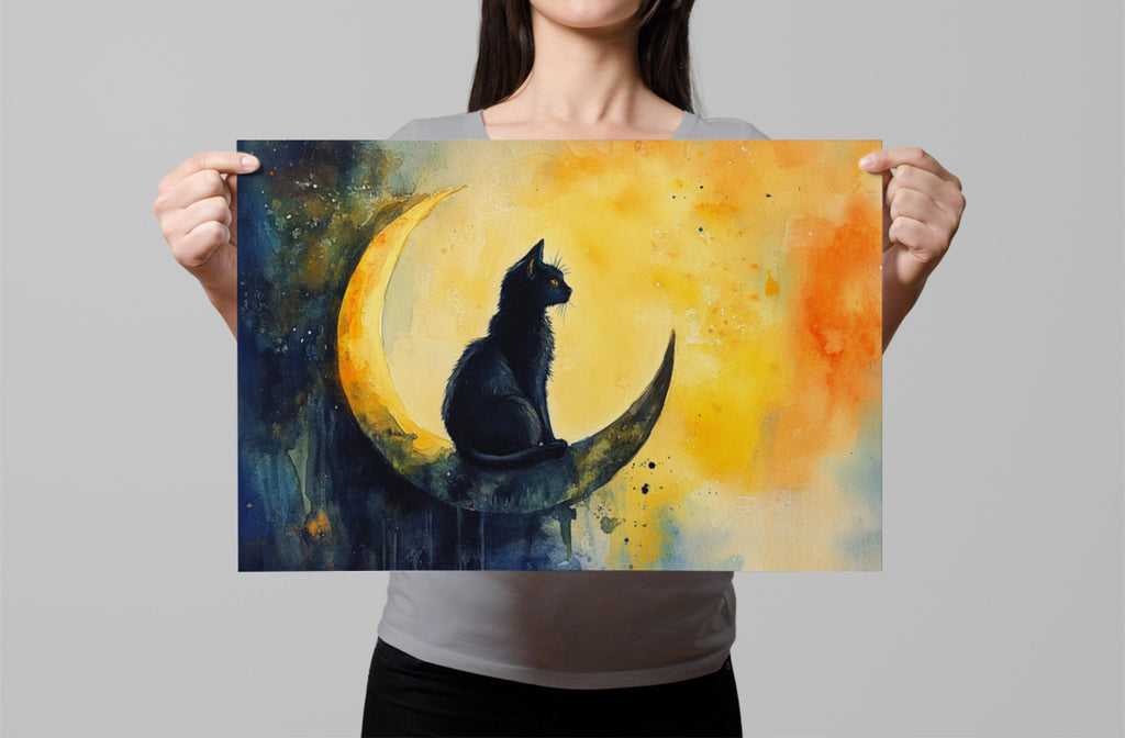 A woman holds up a framed painting depicting a black cat sitting on a crescent moon.