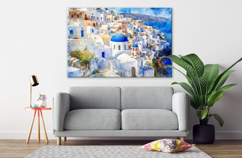 Grecian Getaway - Santorini Landscape Wall Hanging, Giclee Print on Canvas, Artist Paper, Watercolor Paper, Available in Extra Large Sizes