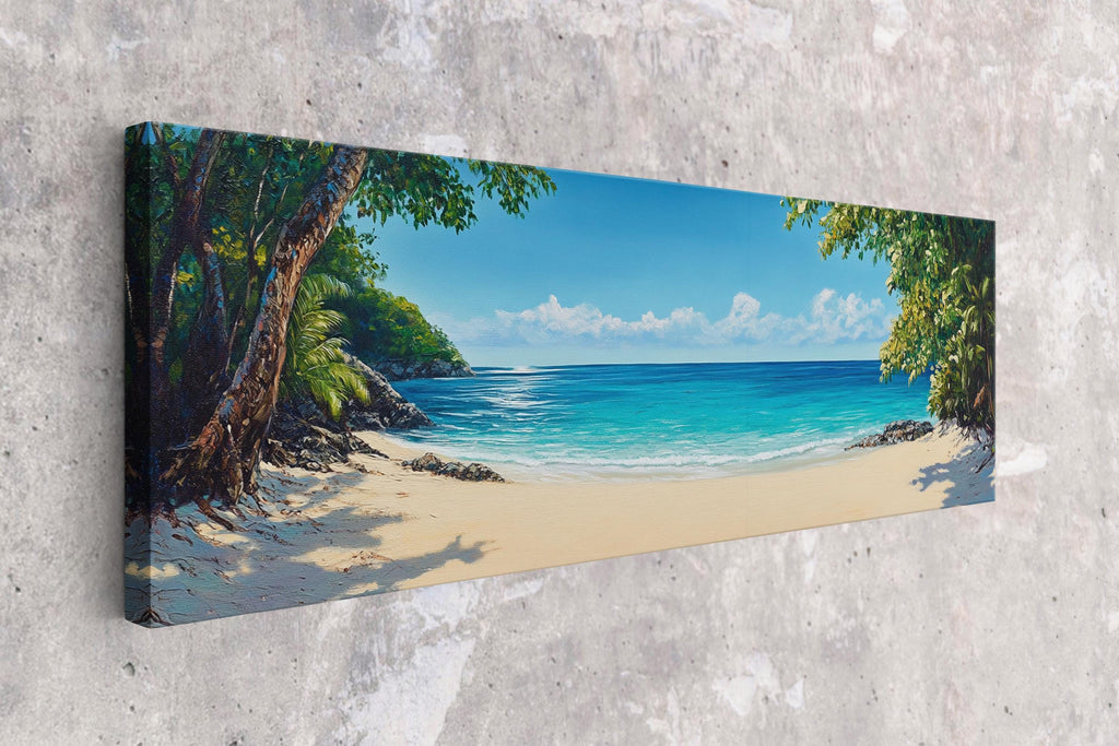 a painting of a beach with trees and water