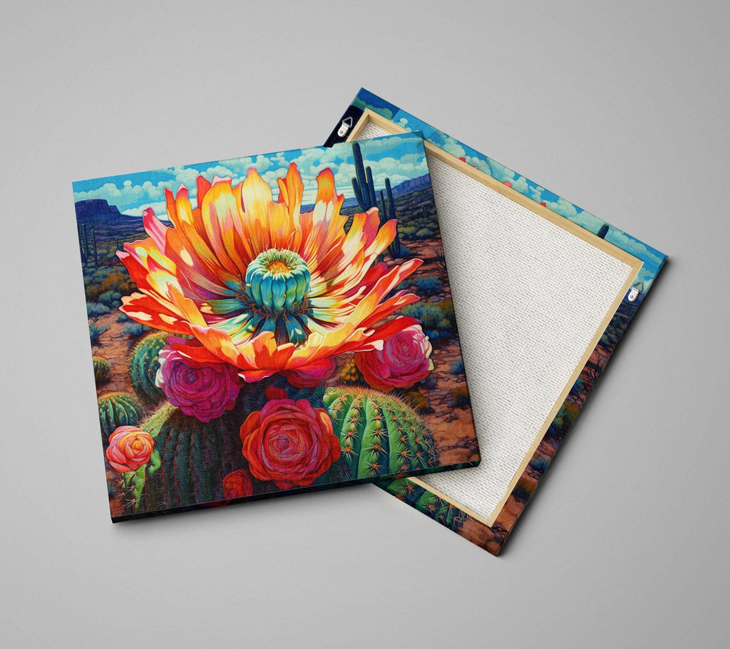a vibrant painting of a cactus with a large, colorful flower blooming on it, set against a desert landscape with mountains in the background.