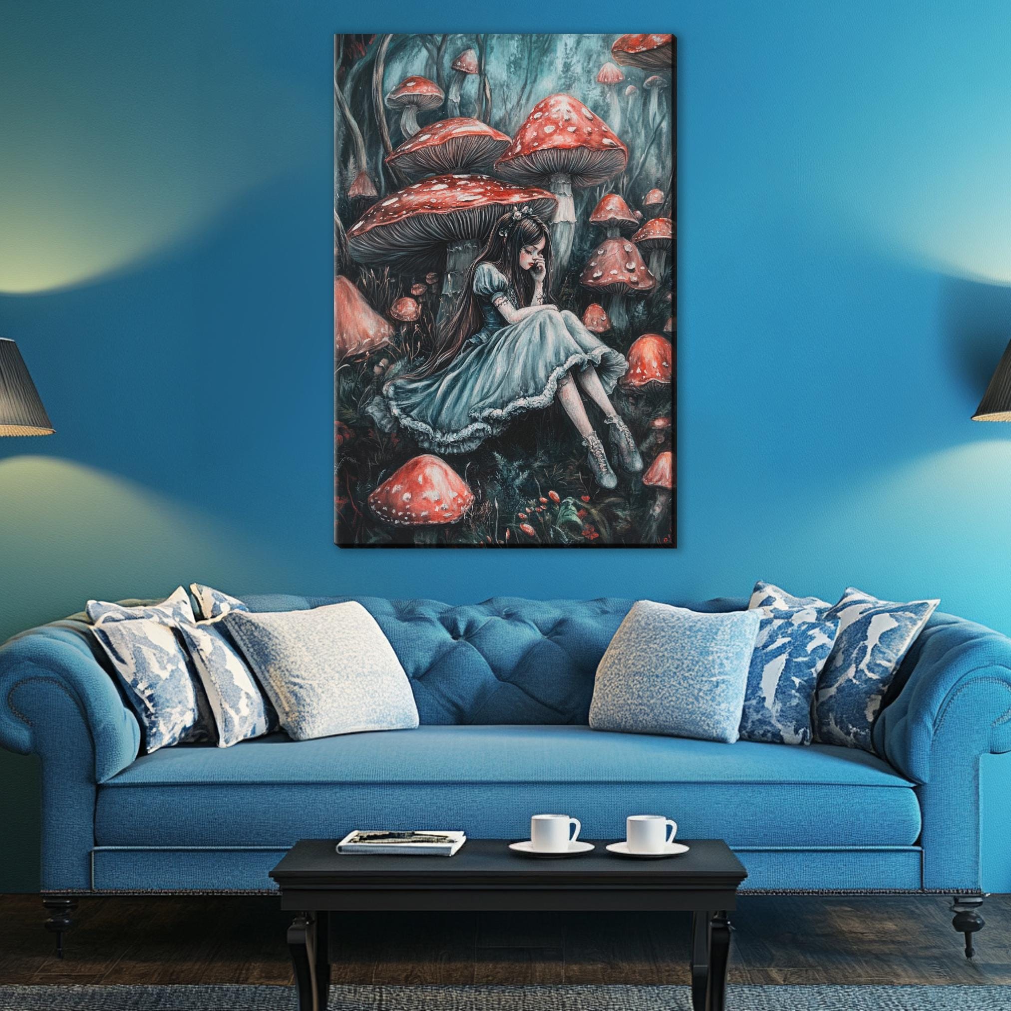 a painting of a woman sitting on a blue couch
