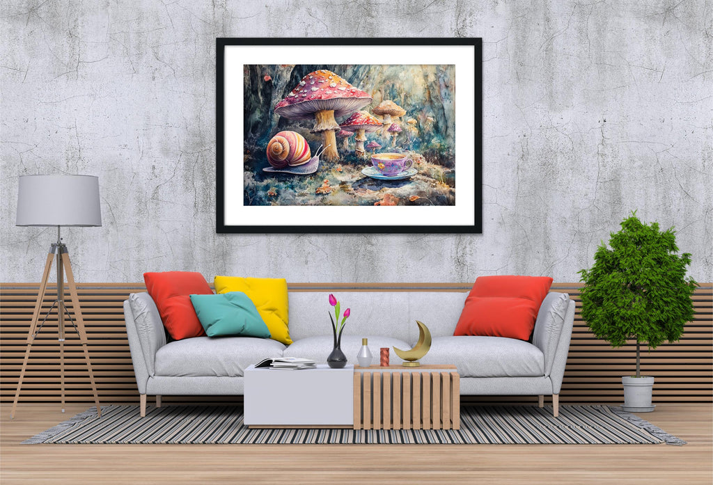 a cozy living room with a gray sofa adorned with colorful throw pillows, a wooden coffee table, and a framed painting of mushrooms and snails on the wall above the sofa.