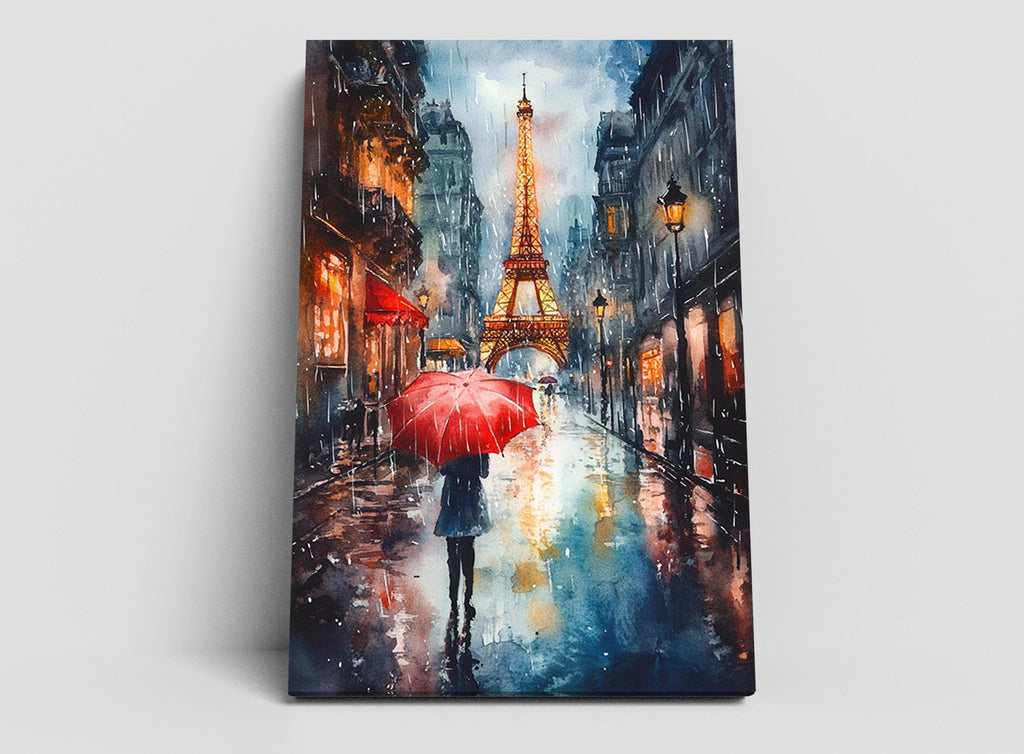 A woman walks down a rainy street in Paris, holding a red umbrella, with the Eiffel Tower visible in the background.