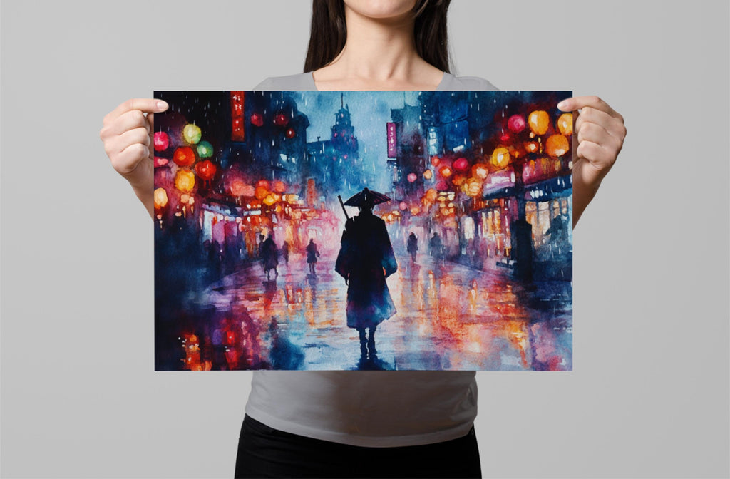 A woman holds up a vibrant painting depicting a city street at night, with colorful lanterns and lights illuminating the scene.