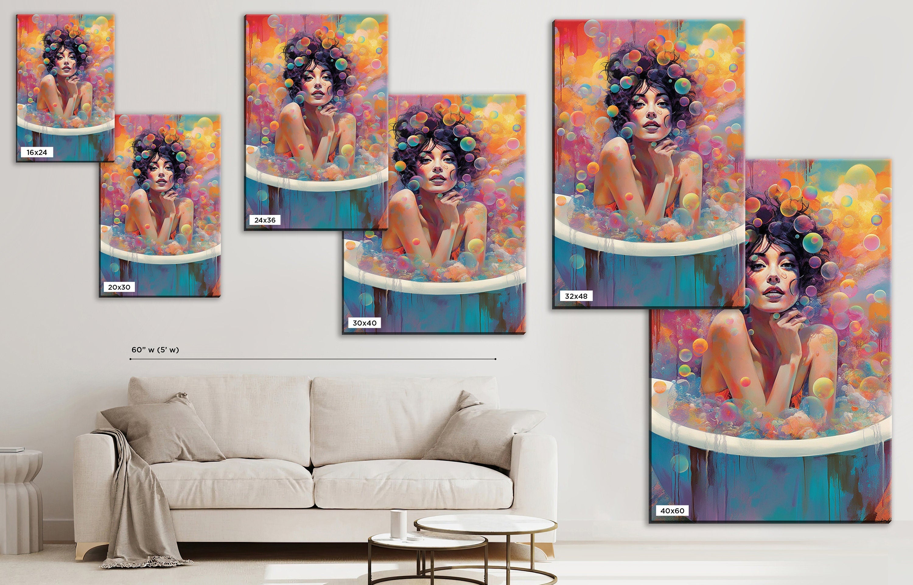 Bubble Bath Wall Art - Feminine Canvas Print | Large Colorful Elegant Art