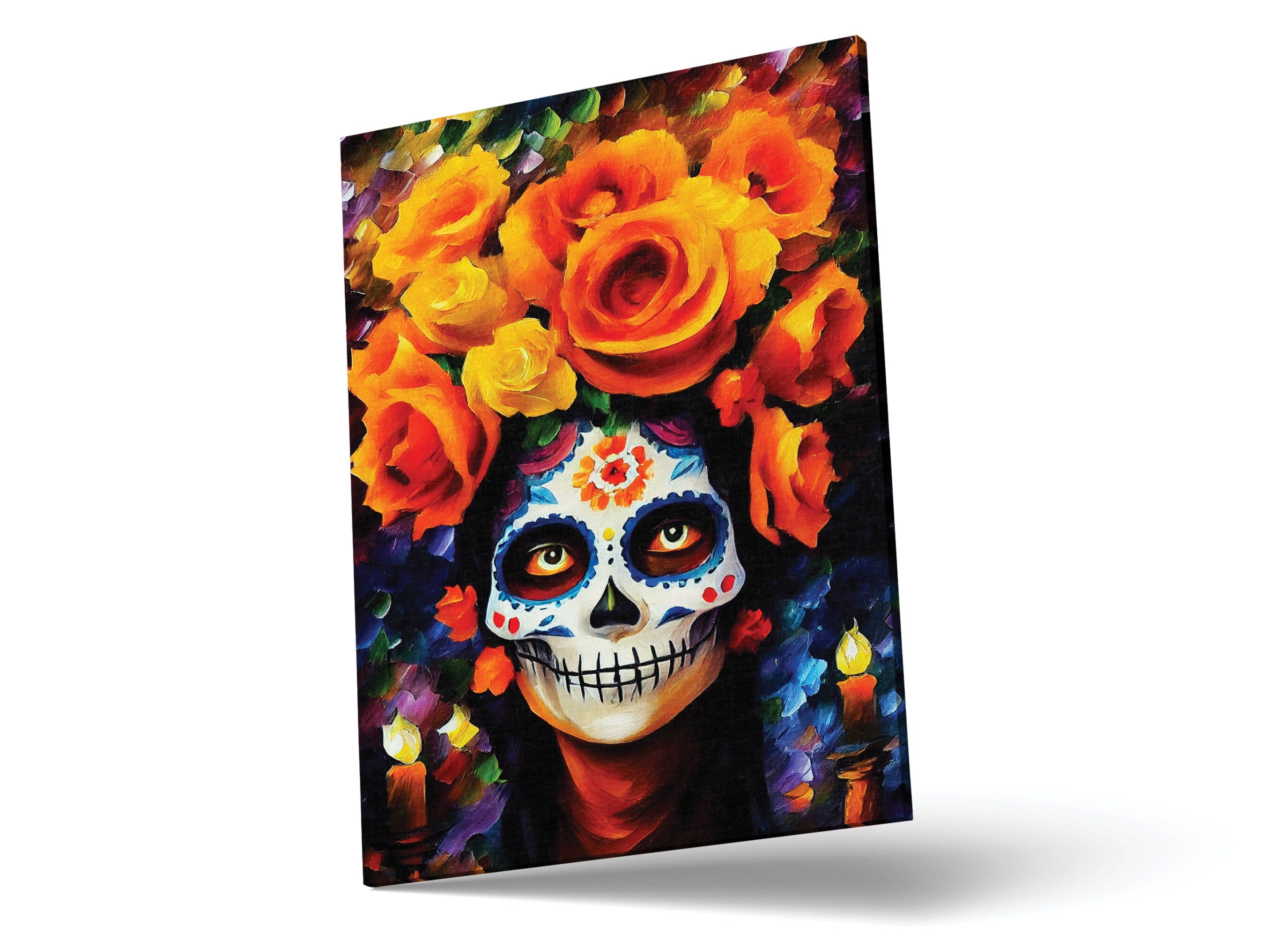 Dia De Los Muertos Canvas – Vibrant Sugar Skull Painting on Gallery Ready Wooden Frame