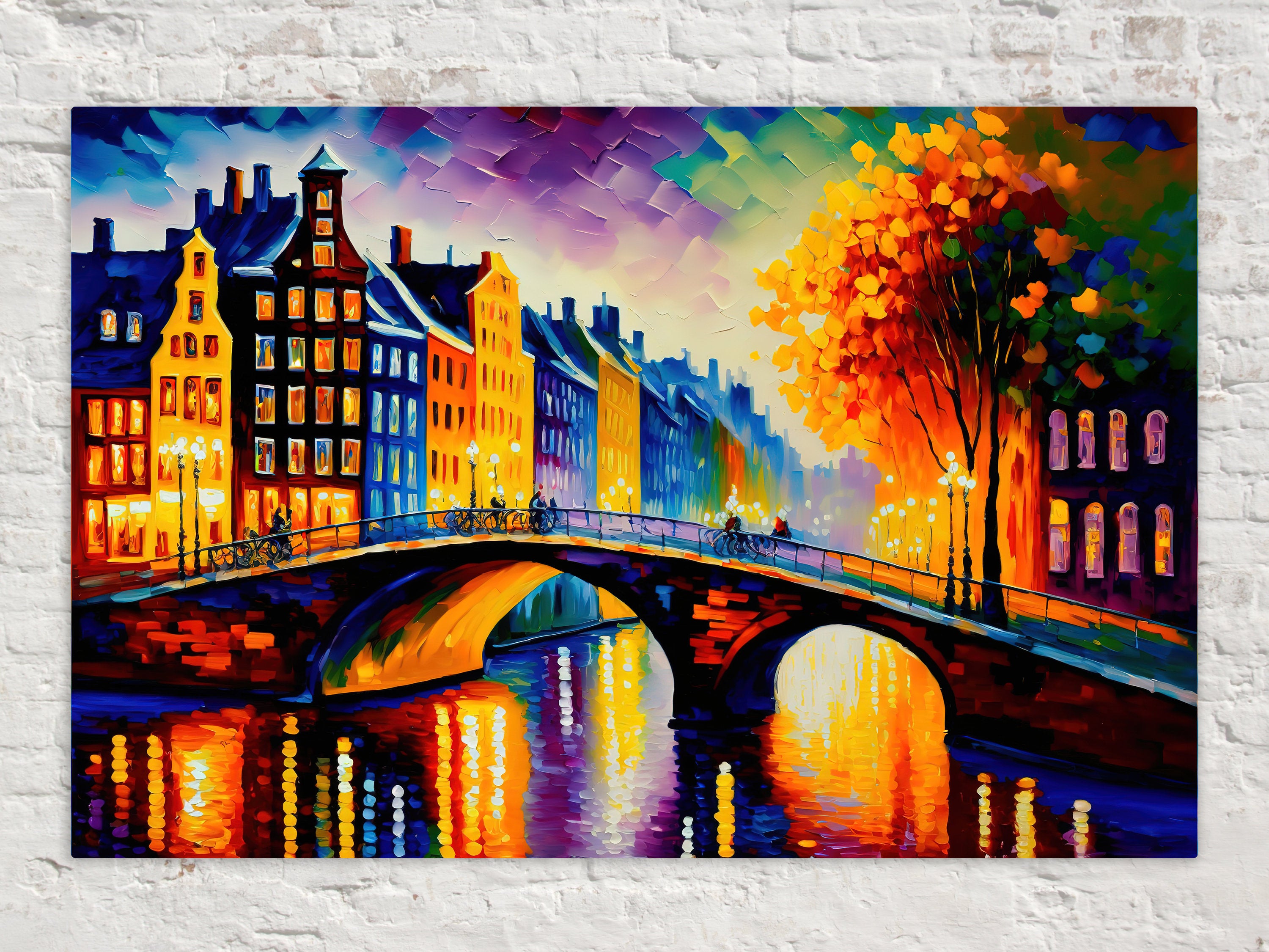 Amsterdam Canvas Art – Bridges of Amsterdam Vibrant Cityscape Painting on Gallery Ready Canvas