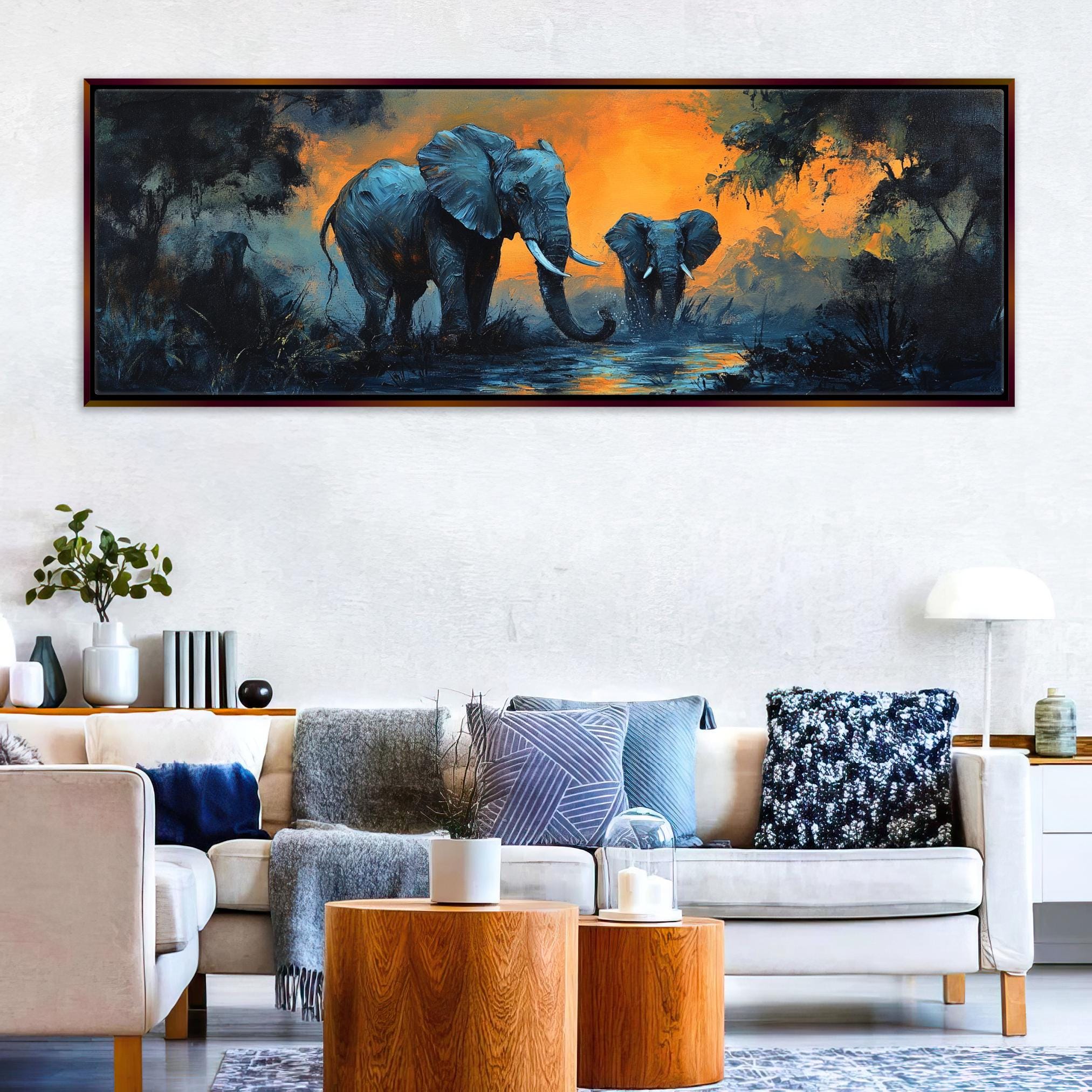 a painting of two elephants in a living room