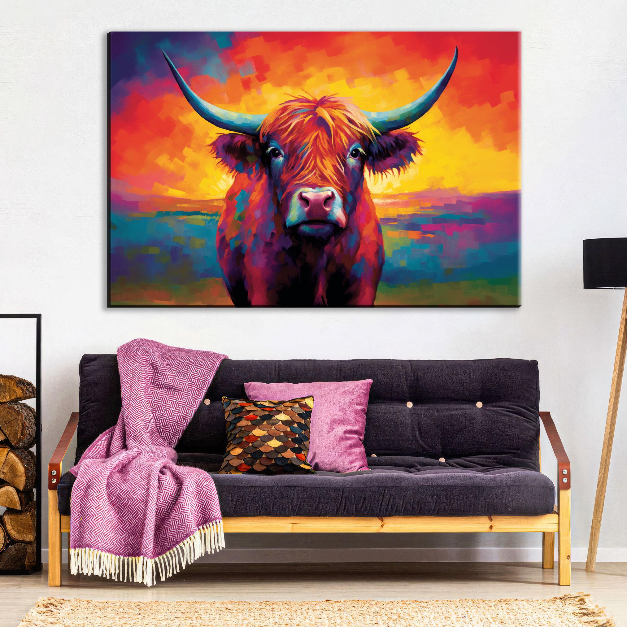 Highland Cow Art – Colorful Animal Canvas | Rustic Farmhouse Wall Decor, Extra Large Gallery Wrapped Canvas