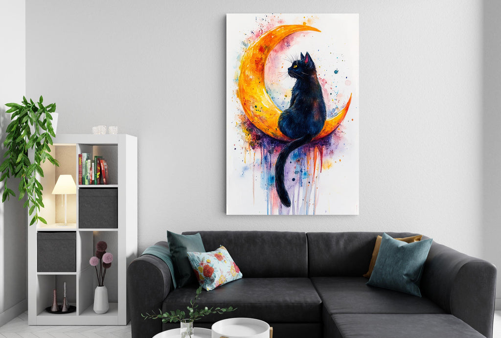 a black cat sitting on a crescent moon, with a colorful and abstract painting hanging on the wall above a black couch with throw pillows.