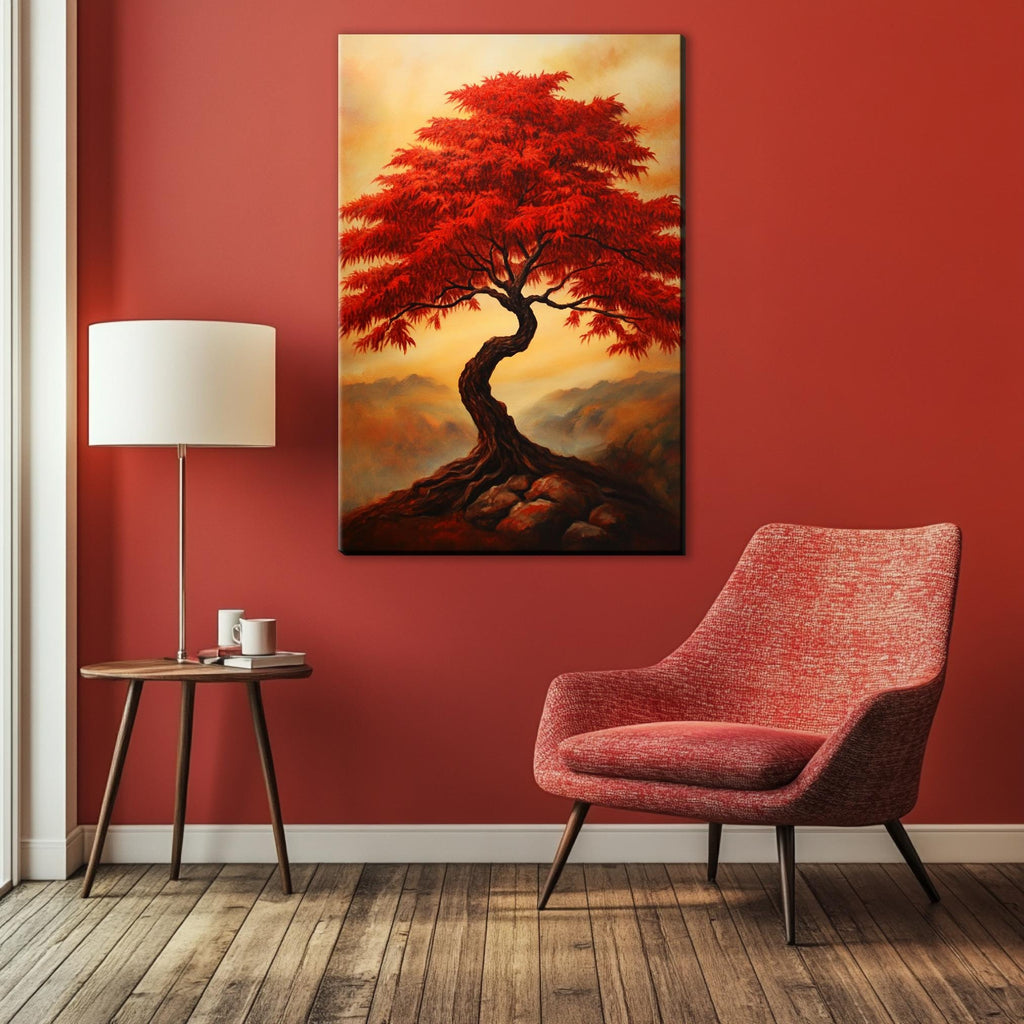 a painting of a red tree on a red wall
