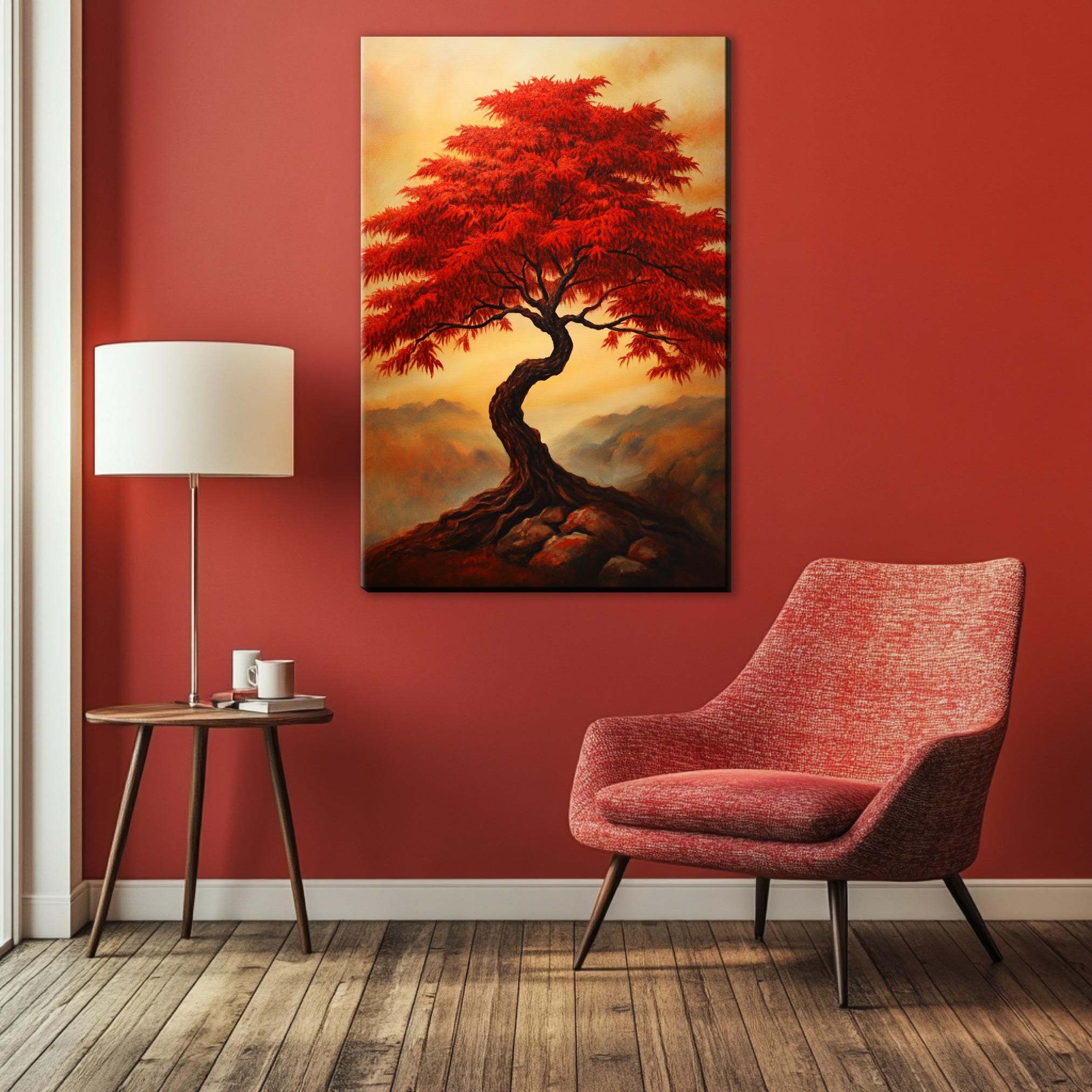 a painting of a red tree on a red wall