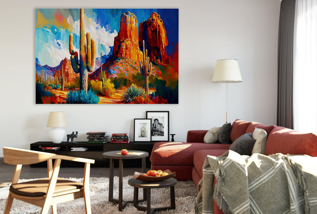 a modern living room with a large, colorful painting of a desert landscape hanging on the wall. The room is furnished with a red sofa, a wooden chair, and a coffee table with a bowl of fruit. The overall decor has a contemporary and stylish feel.