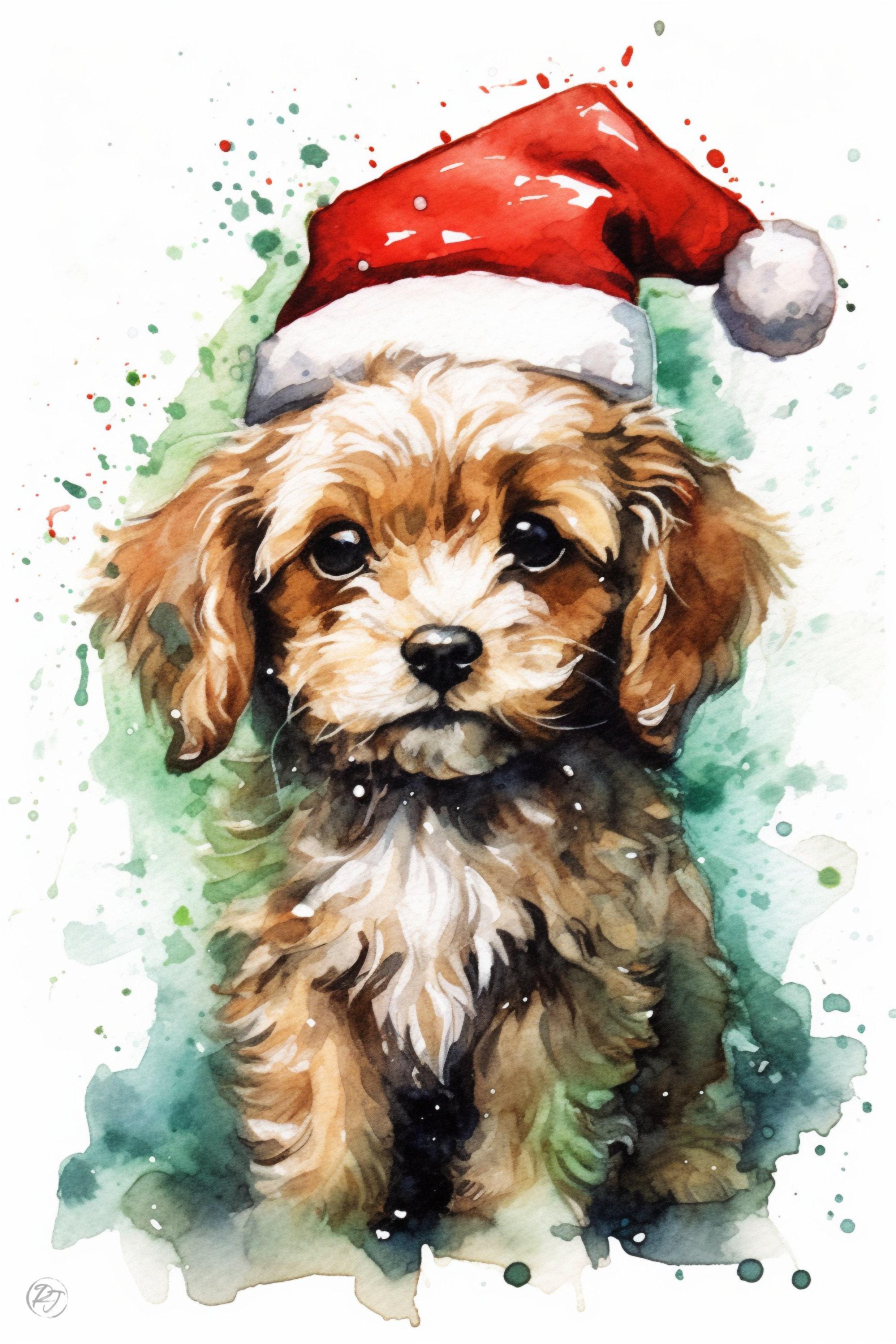 Holiday Pup in Santa Hat Watercolor Wall Decor, Giclee Print on Canvas, Artist Paper, Watercolor Paper, Available in Extra Large Sizes