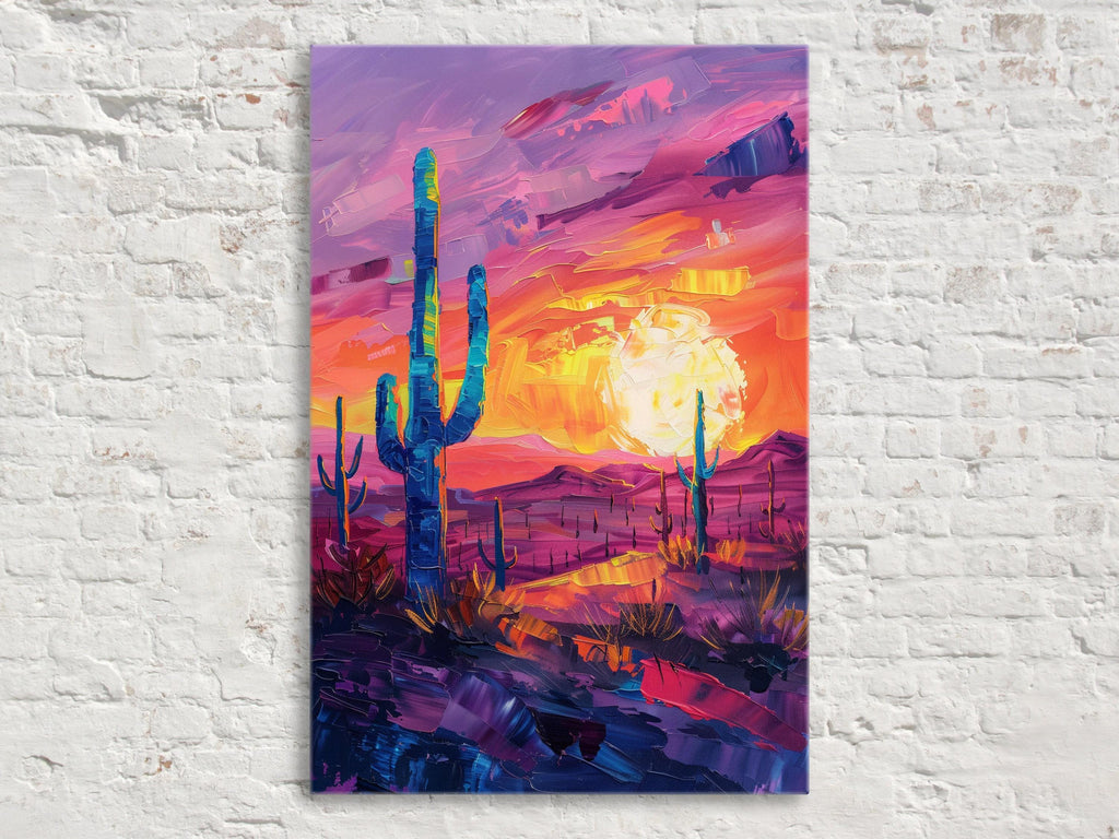 Desert Saguaro Canvas – Southwest Wall Art | Gallery Wrapped Sunset Cactus Silhouette Print