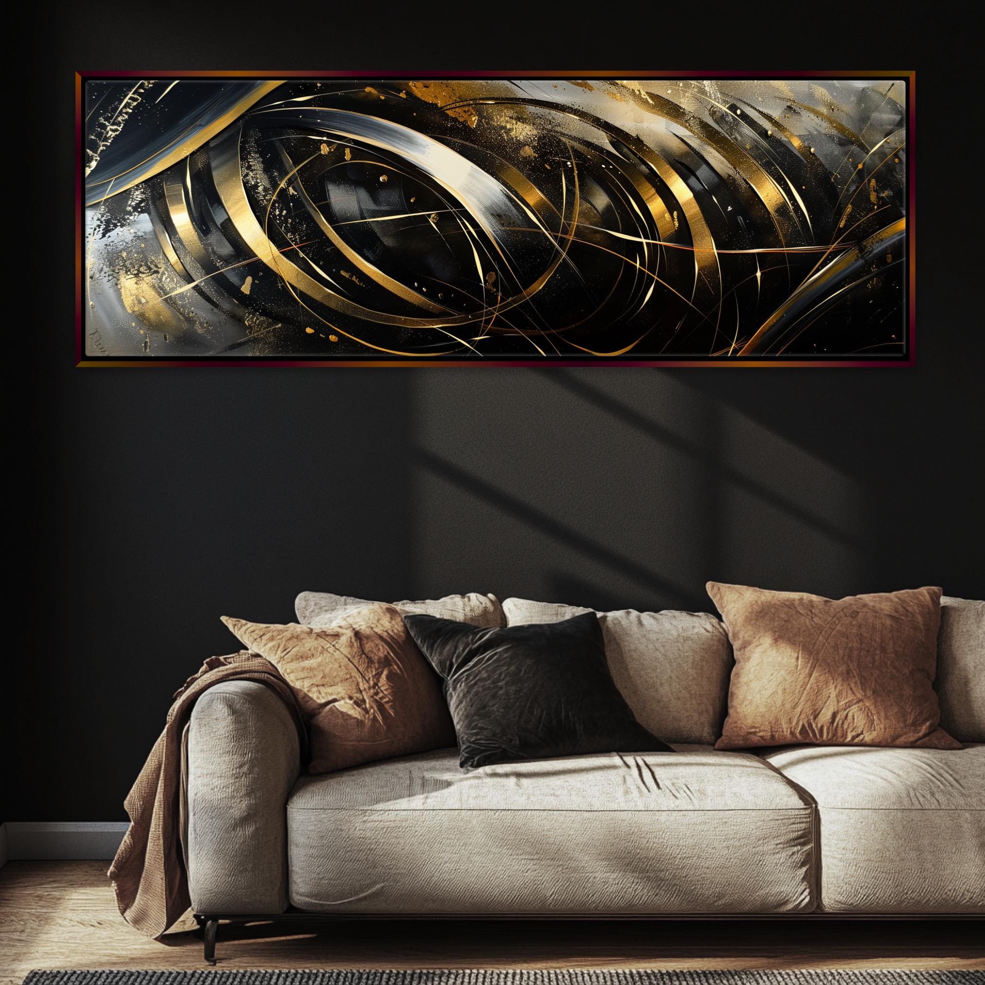 a living room with a couch and a painting on the wall