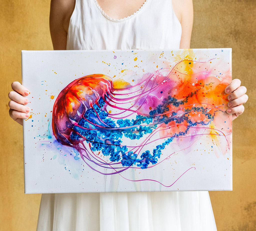 Jellyfish Watercolor Painting Wall Art, Giclee Print on Canvas, Artist Paper, Watercolor Paper, Available in Extra Large Sizes