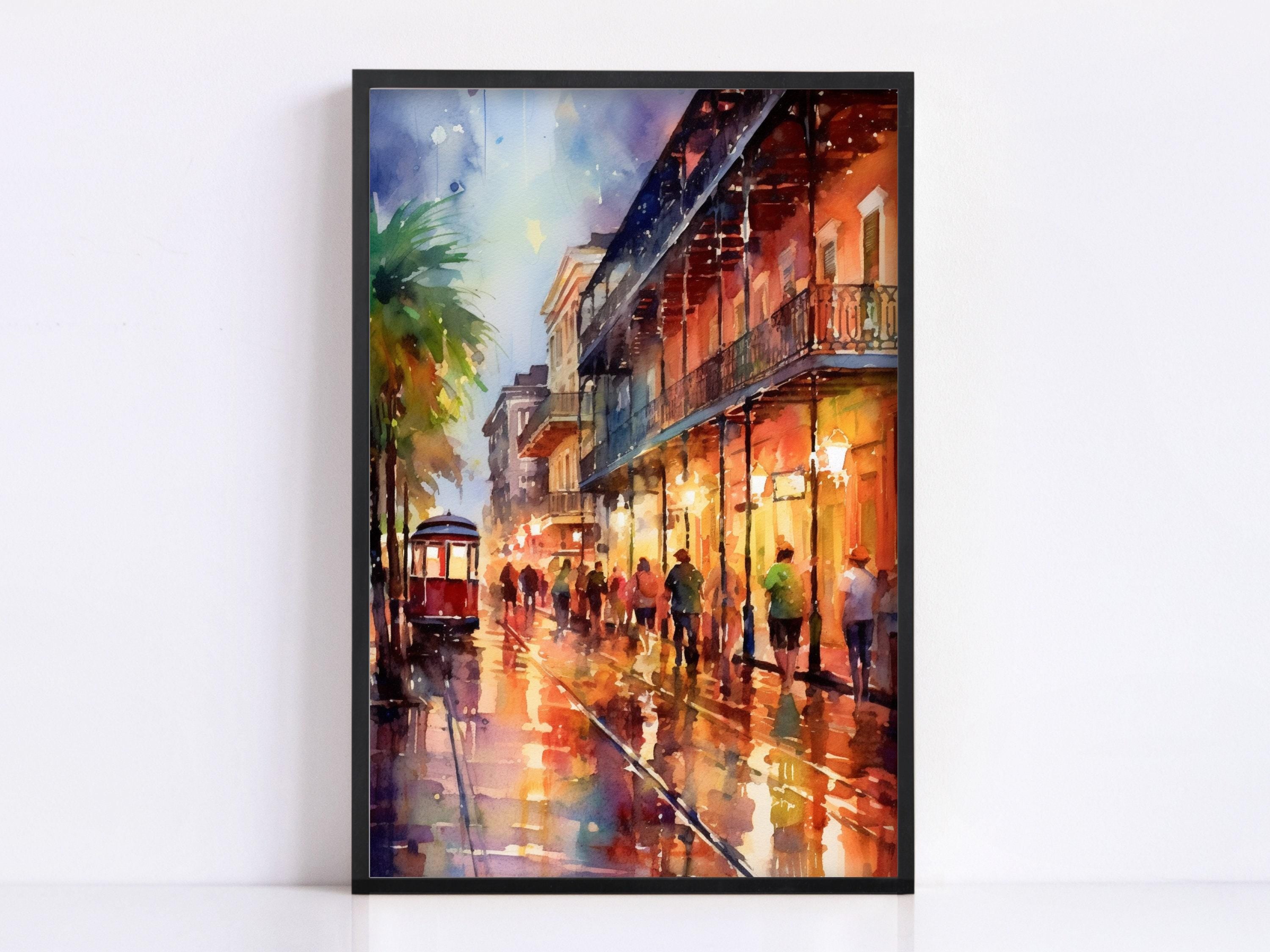 A vibrant painting depicting a lively street scene with a trolley car, people walking, and colorful buildings in the background.