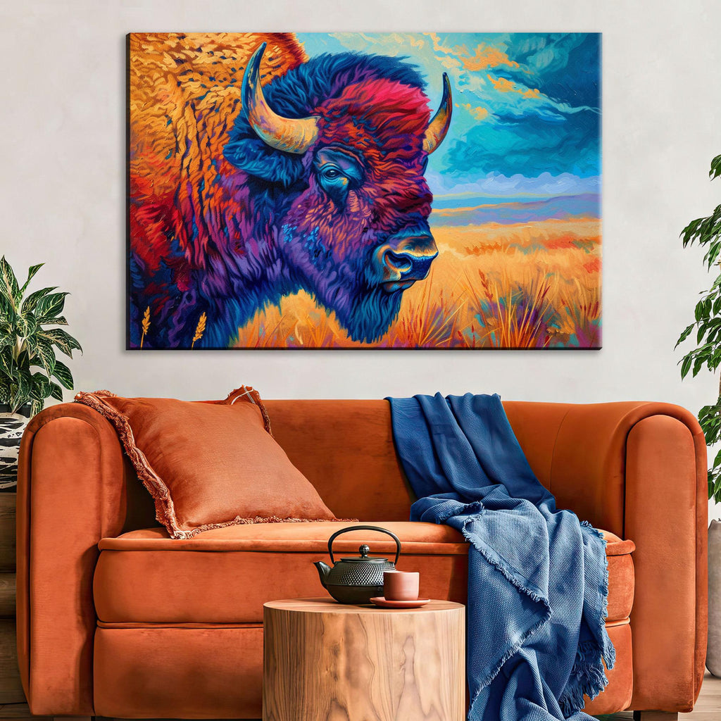 Bison Wall Art | Large Canvas Wall Art – Colorful Buffalo Painting with UV Coated Canvas Print