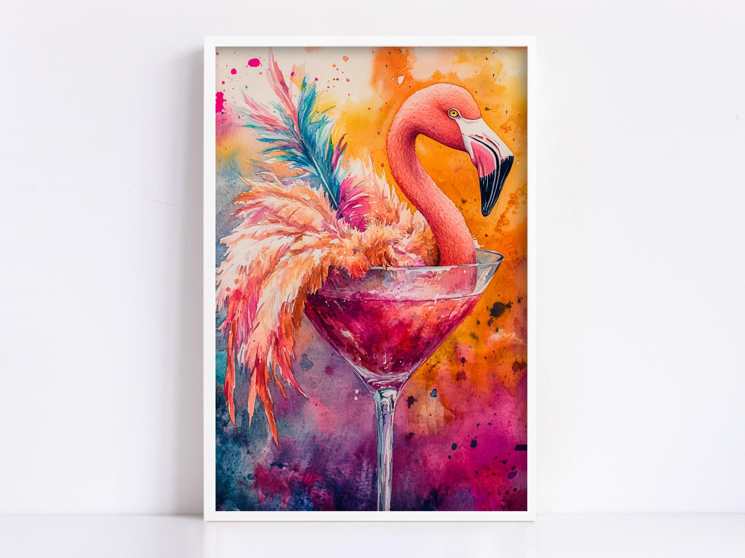 A vibrant painting of a flamingo perched on a martini glass, set against a colorful background.