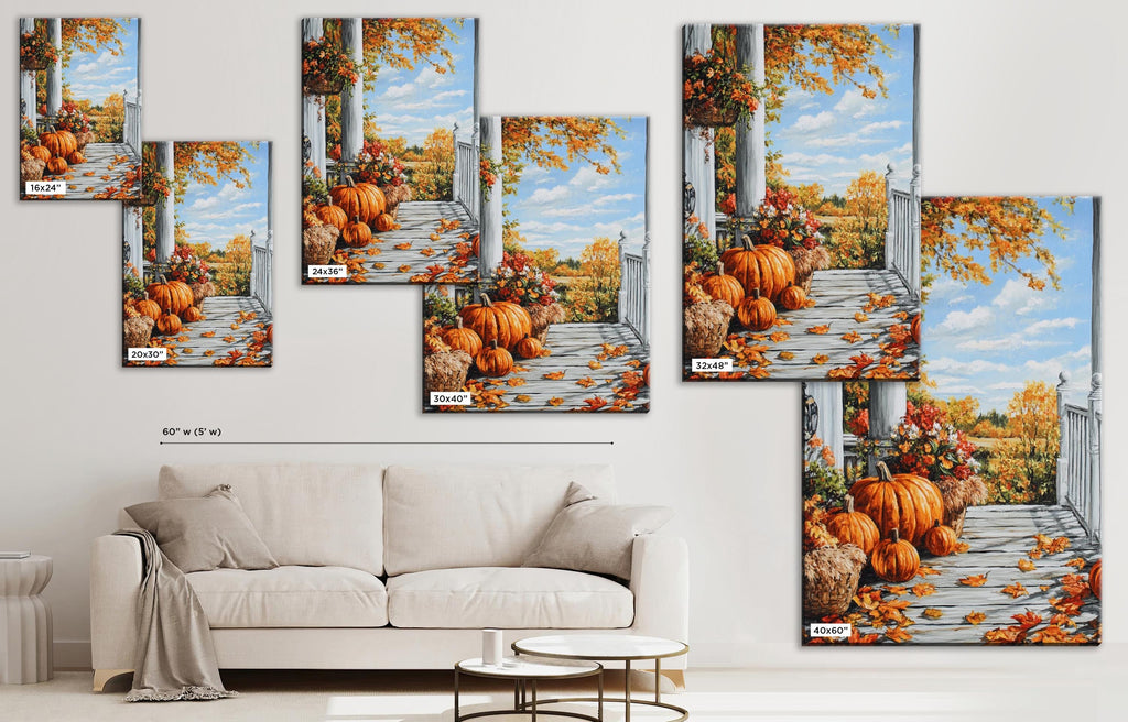The image is a collage of multiple images depicting a porch with pumpkins and fall foliage, including a white sofa and a coffee table in the foreground.
