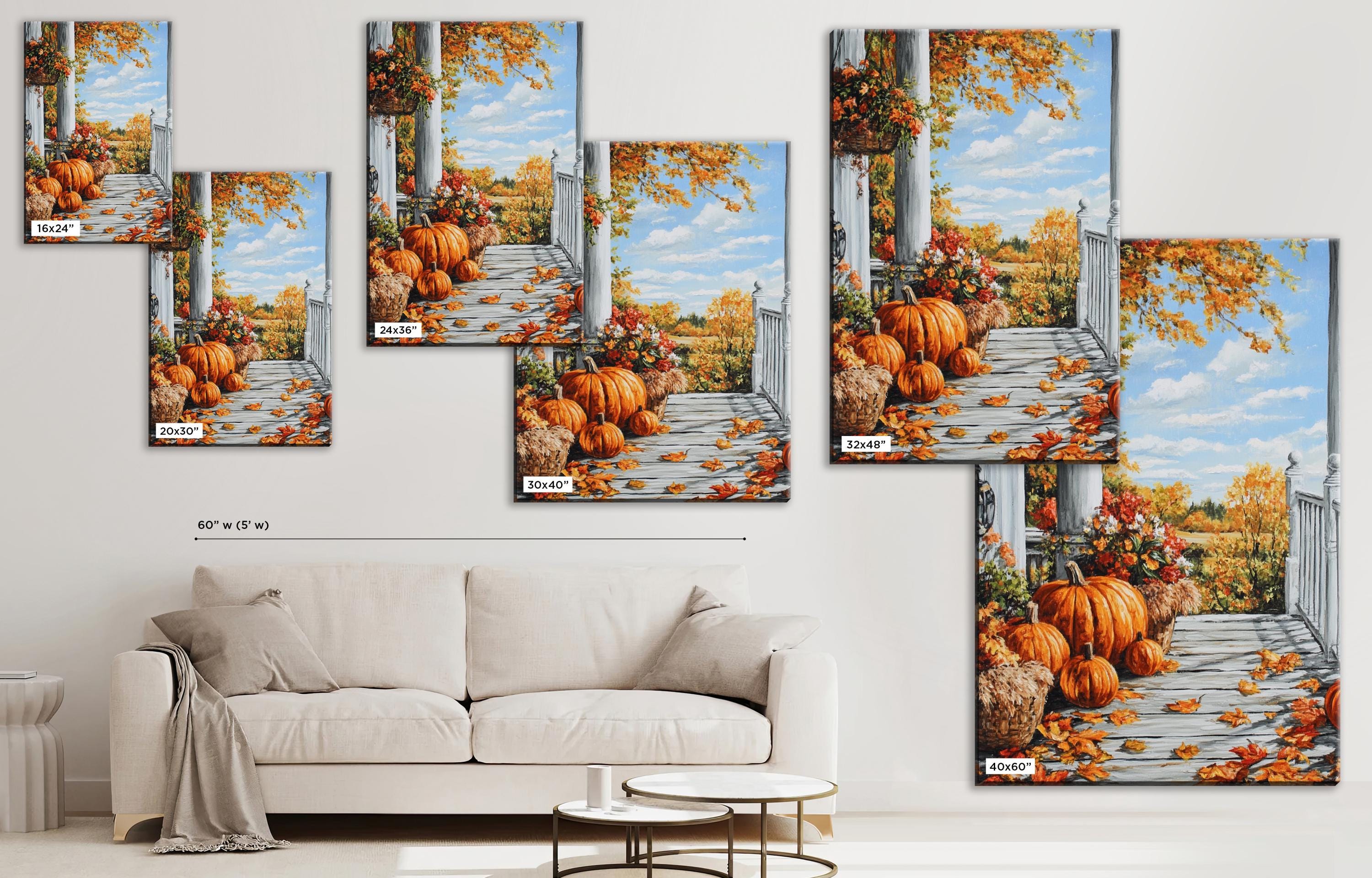 The image is a collage of multiple images depicting a porch with pumpkins and fall foliage, including a white sofa and a coffee table in the foreground.
