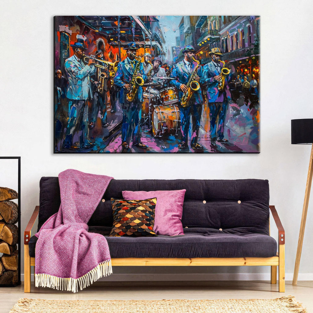 a vibrant painting of a jazz band performing on a city street, with musicians playing various instruments such as saxophones, trumpets, and drums.
