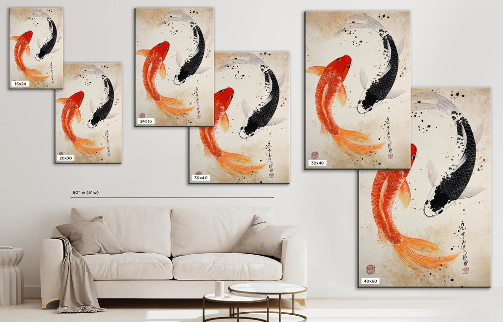 a living room with a couch and paintings on the wall