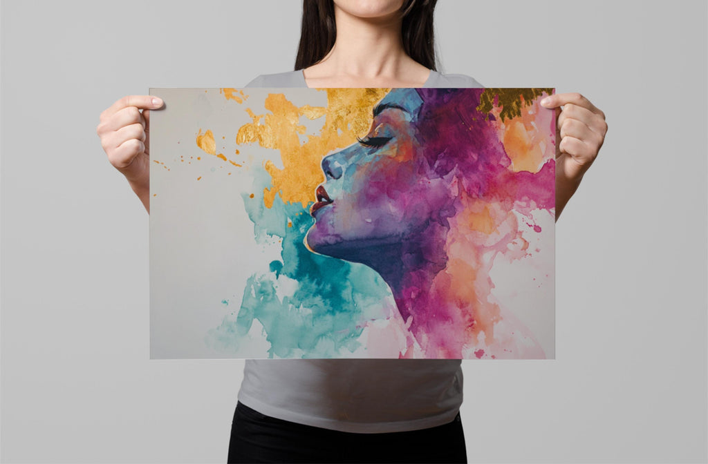 A woman is holding up a colorful abstract painting depicting a woman's face with vibrant splashes of color.