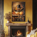 a cozy living room with a fireplace, a wooden mantel, and a painting of a cowboy hat and pumpkins hanging above it.