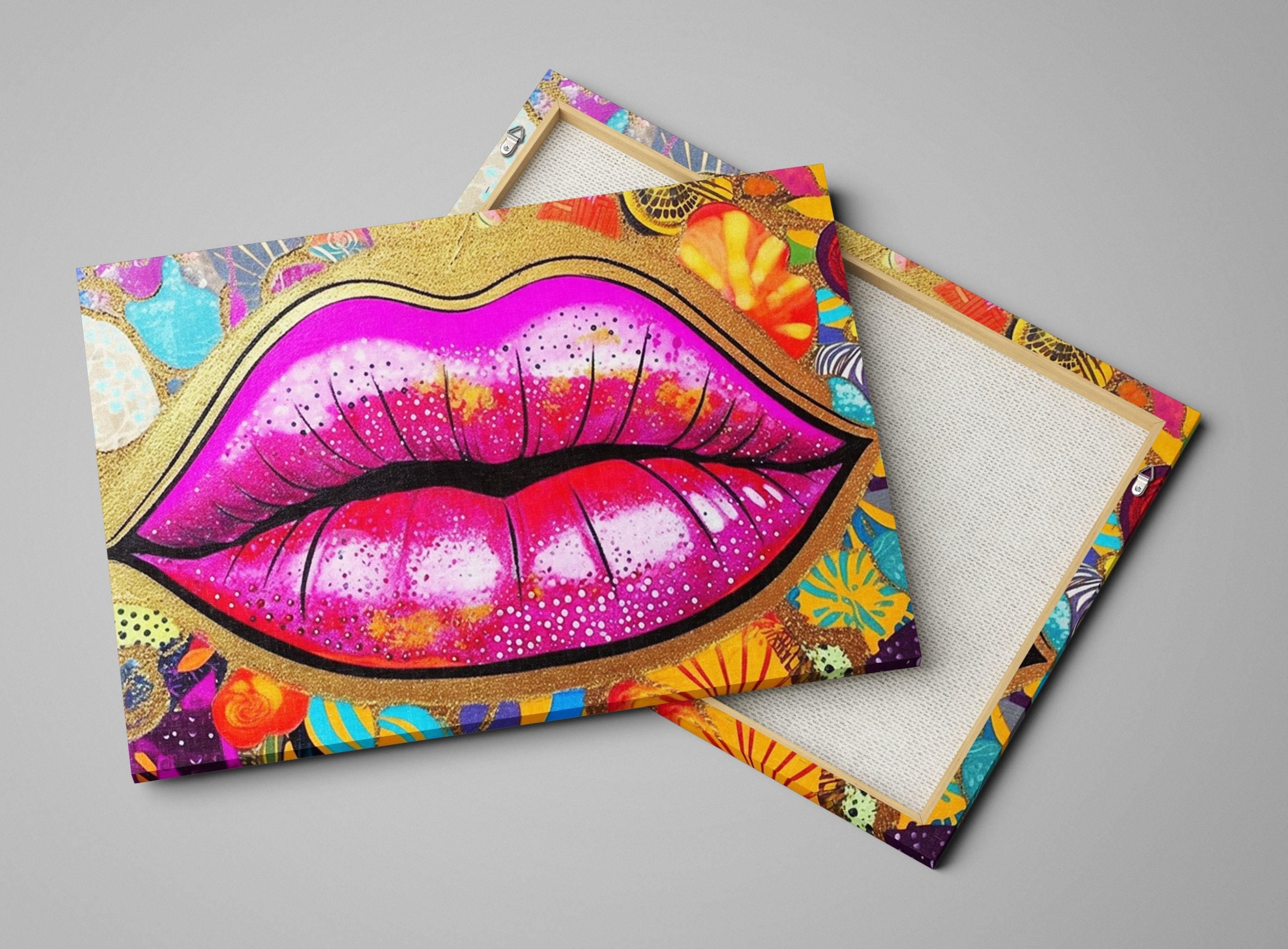 Gold Glitter Lips Canvas Wall Art – Large Feminine Pop Art Decor, Gallery Ready Print