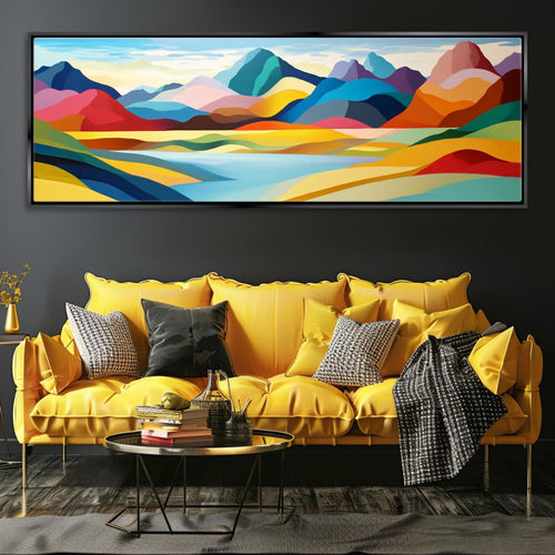 a living room with a yellow couch and a painting on the wall