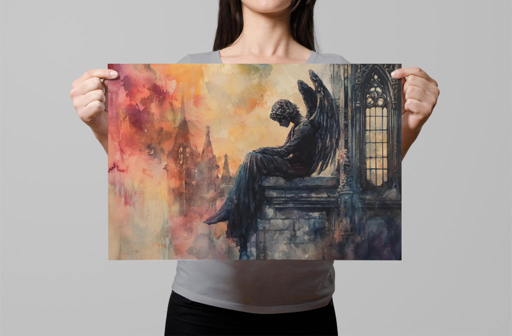 A woman holds up a framed painting depicting an angel sitting on a ledge, with a castle in the background.