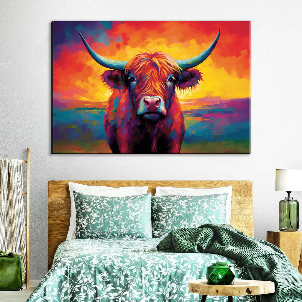 Highland Cow Art – Colorful Animal Canvas | Rustic Farmhouse Wall Decor, Extra Large Gallery Wrapped Canvas