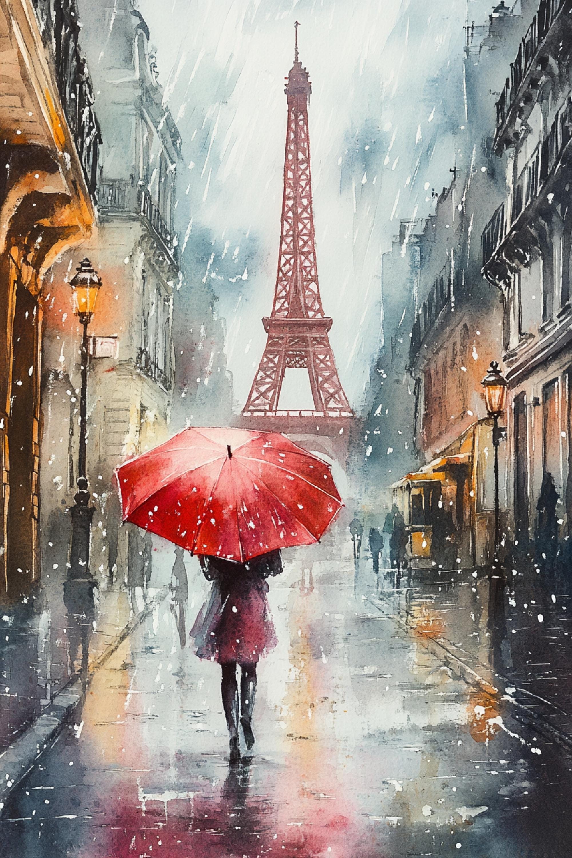 A woman walks down a rainy street, holding a red umbrella, with the Eiffel Tower visible in the background.