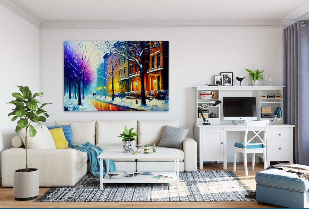 Cityscape Painting Print – Vibrant Winter Snow Artwork on Large Canvas Art