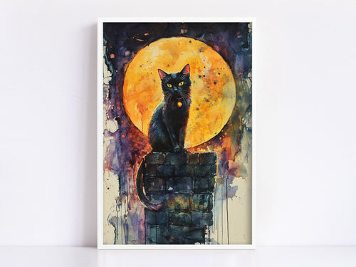 A black cat sitting on a brick wall, with a large orange and yellow moon in the background.