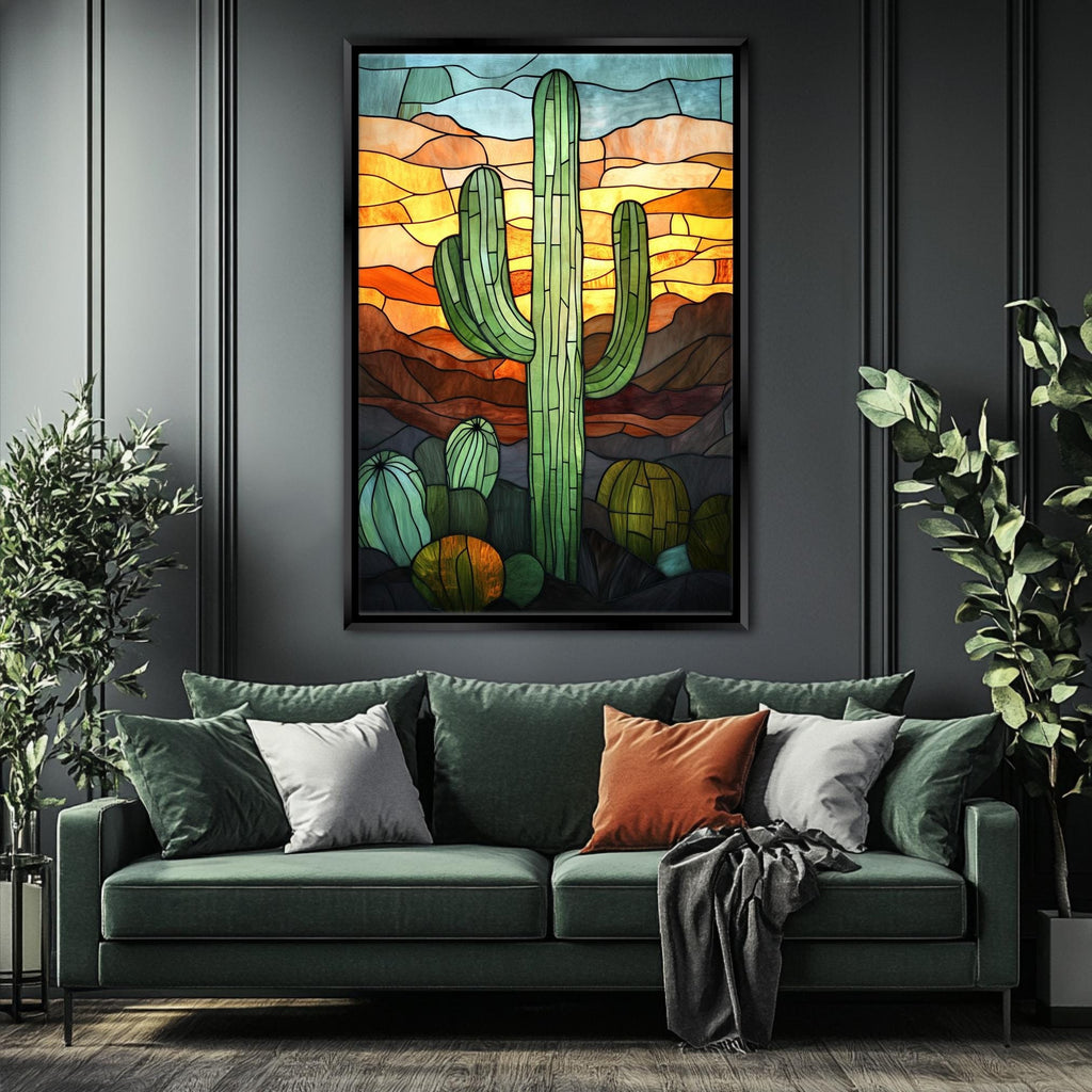 a living room with a couch and a painting on the wall