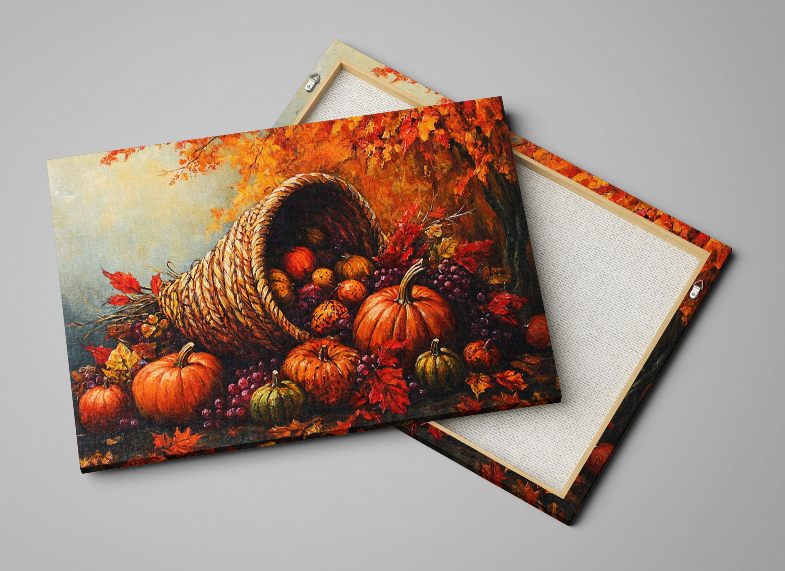 a vibrant autumn scene with a large woven basket overflowing with a variety of fruits, including pumpkins, apples, and grapes, surrounded by a colorful display of fall foliage.