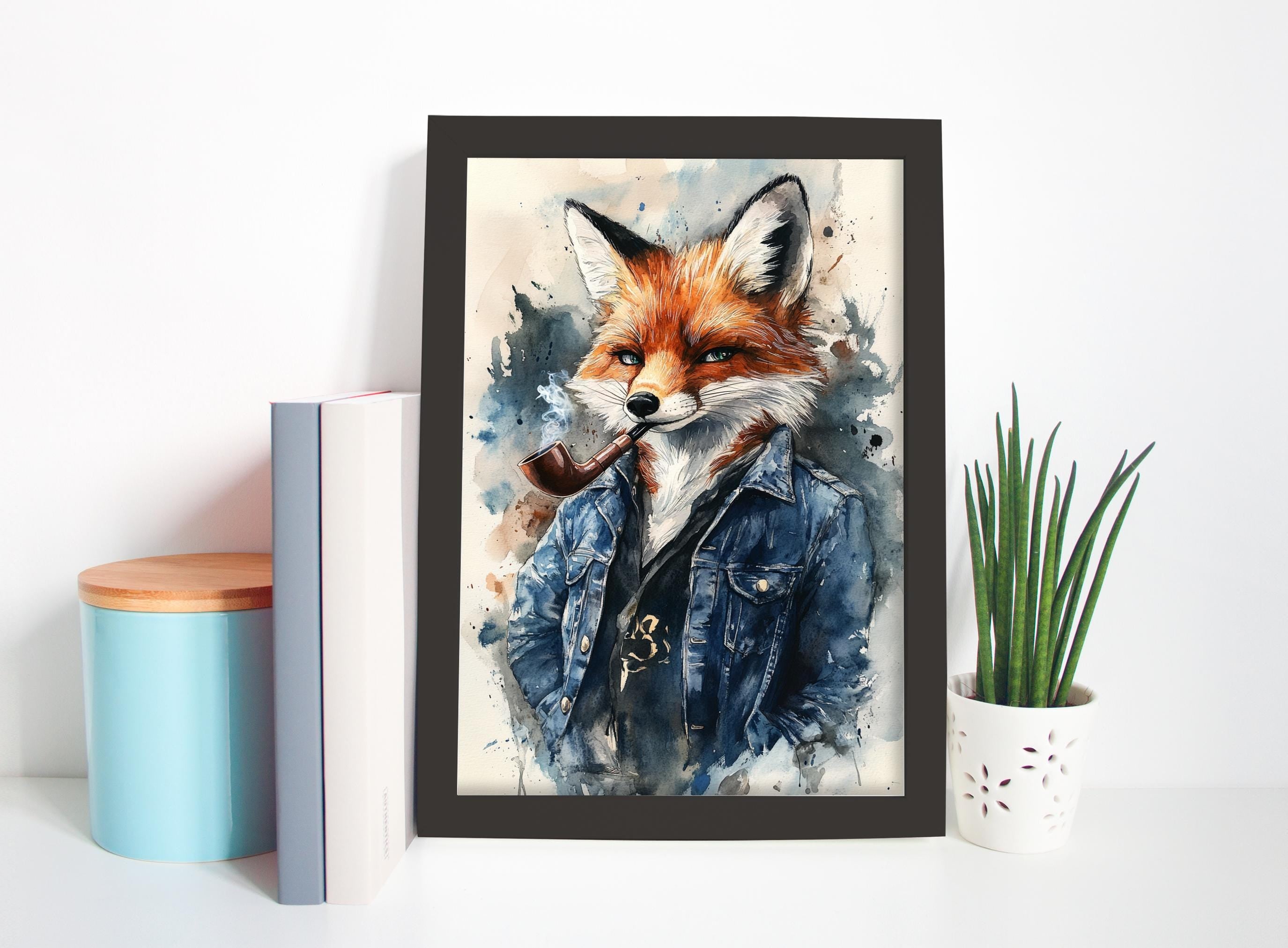 a framed painting of a fox wearing a blue denim jacket and smoking a pipe.